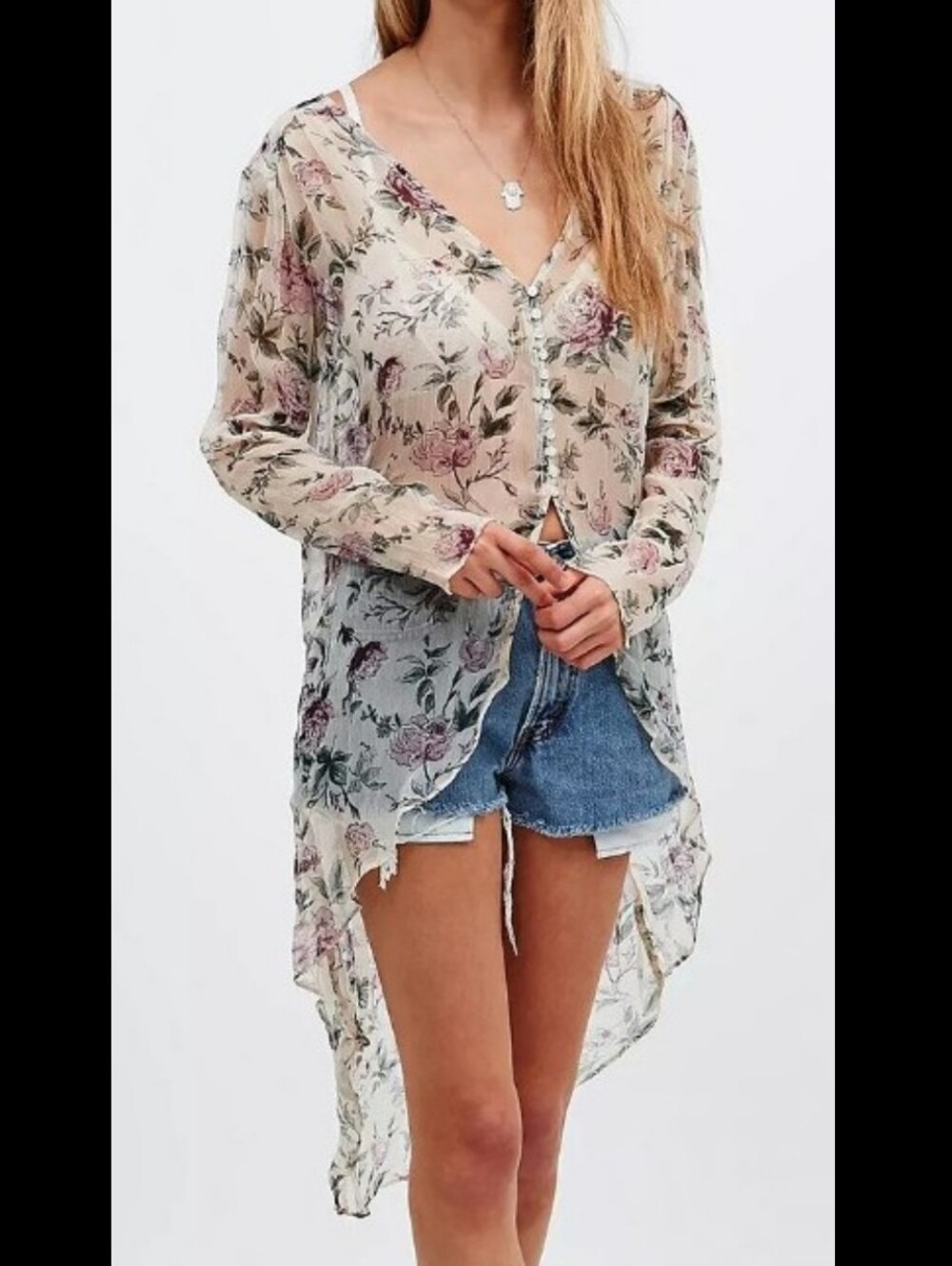 Kimchi Blue Sheer Floral High-Low Tunic - Cream, Pink, Green